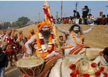 Prayagraj Mahakumbh 2025 Sanatan culture flag bearer sadhus and monks in Kumbh Mela area