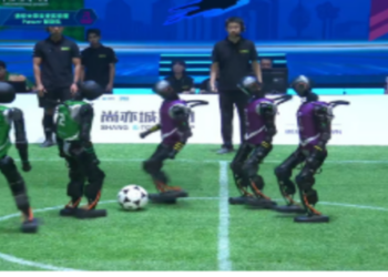 Robots play football with the help of AI in this indoor football field in China