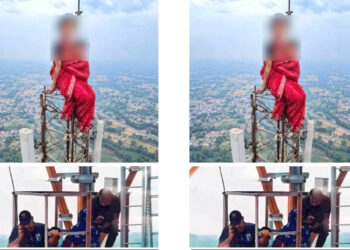 गोंडा में इंसाफ की मांग को लेकर टॉवर पर चढ़ी महिला, 3 साल के बेटे को साथ बांधकर मांगा इंसाफ
