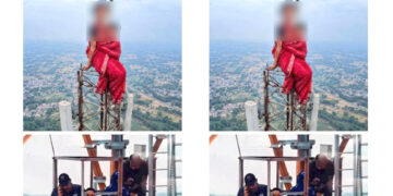 गोंडा में इंसाफ की मांग को लेकर टॉवर पर चढ़ी महिला, 3 साल के बेटे को साथ बांधकर मांगा इंसाफ