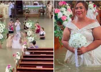 Philippines a bride immersed waist deep in love taking the seven wedding vows amidst floodwaters