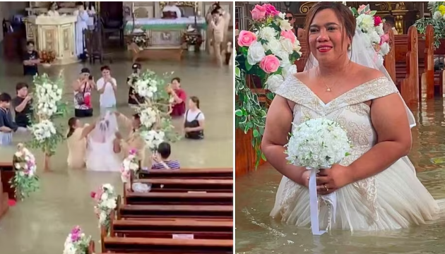 Philippines a bride immersed waist deep in love taking the seven wedding vows amidst floodwaters