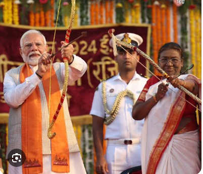 Dussehra celebration PM Modi performed the burning of the Ravana effigy by shooting an arrow